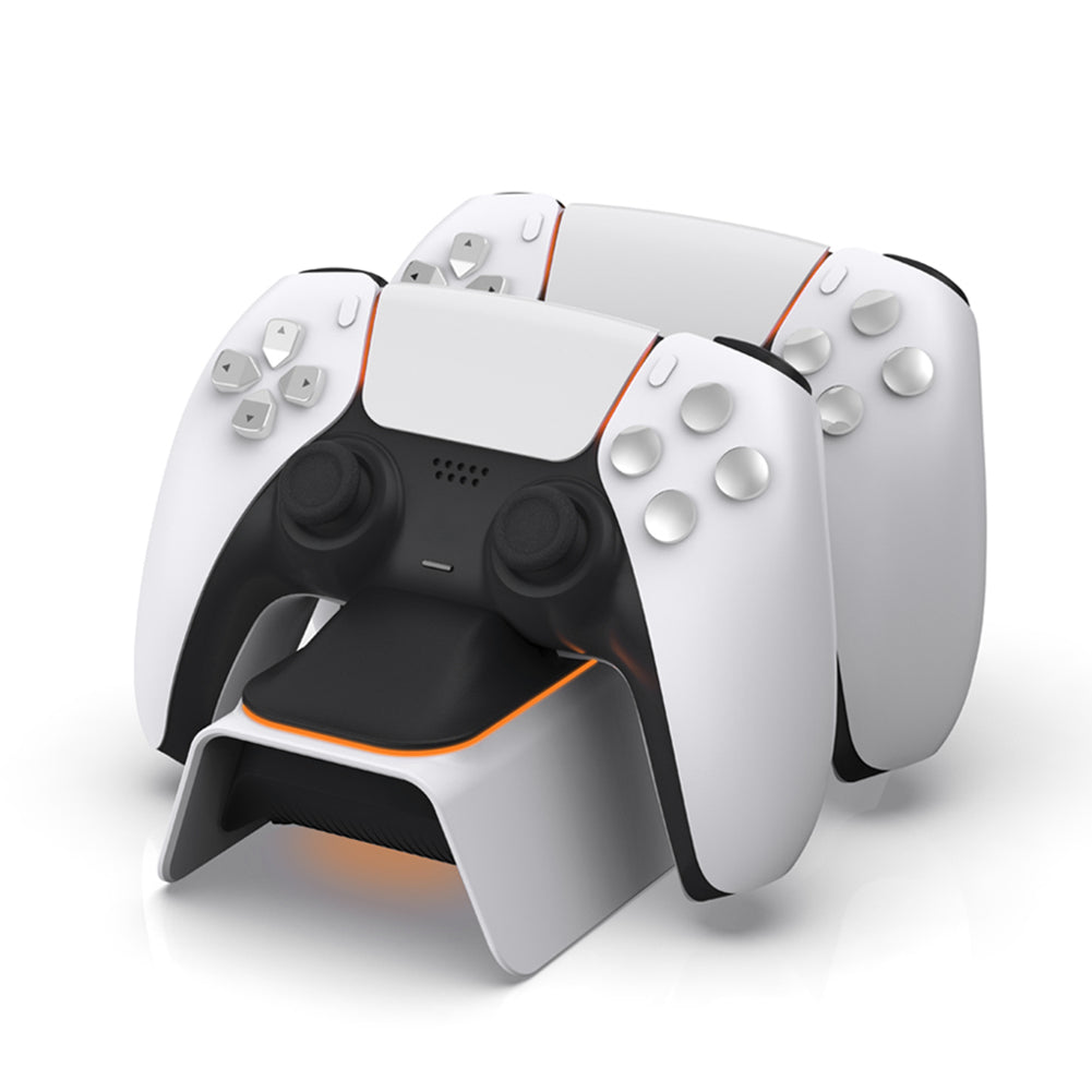 PS5 dual wireless controller charger with two controllers on fast charging dock.